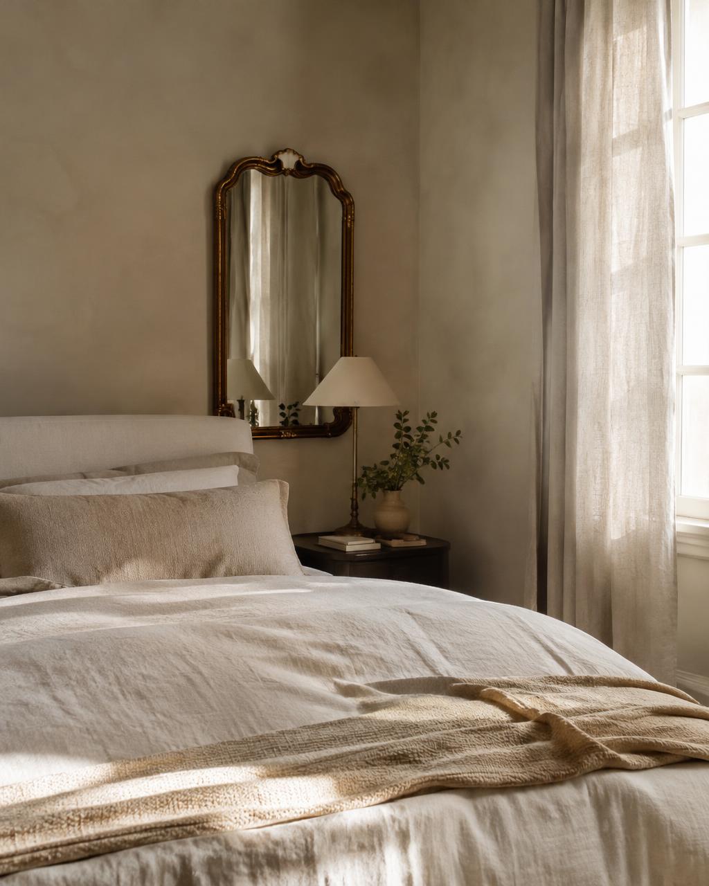 Linen bedroom with antique gold mirror