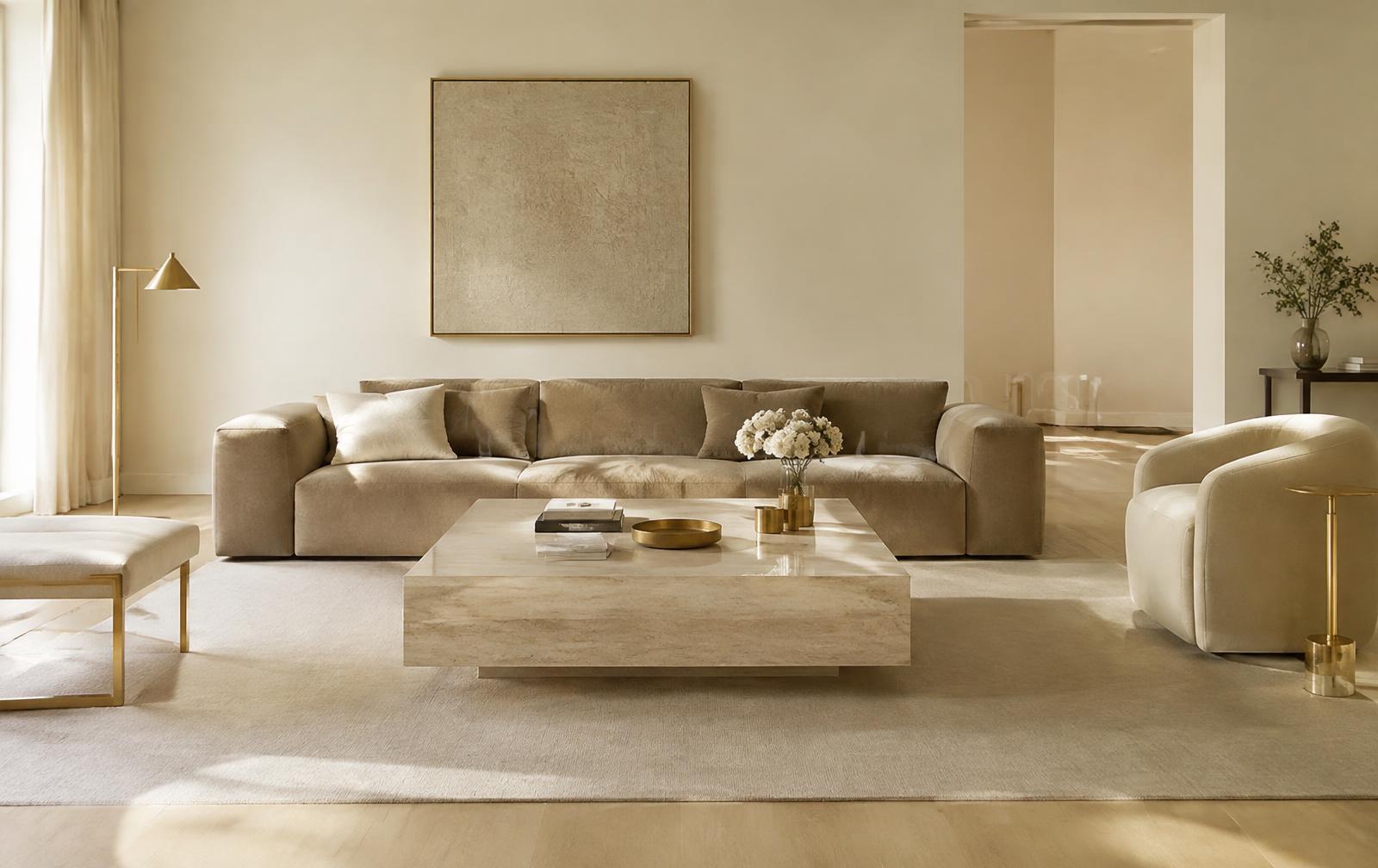 Calm living room in ivory and taupe with travertine table and brass accents