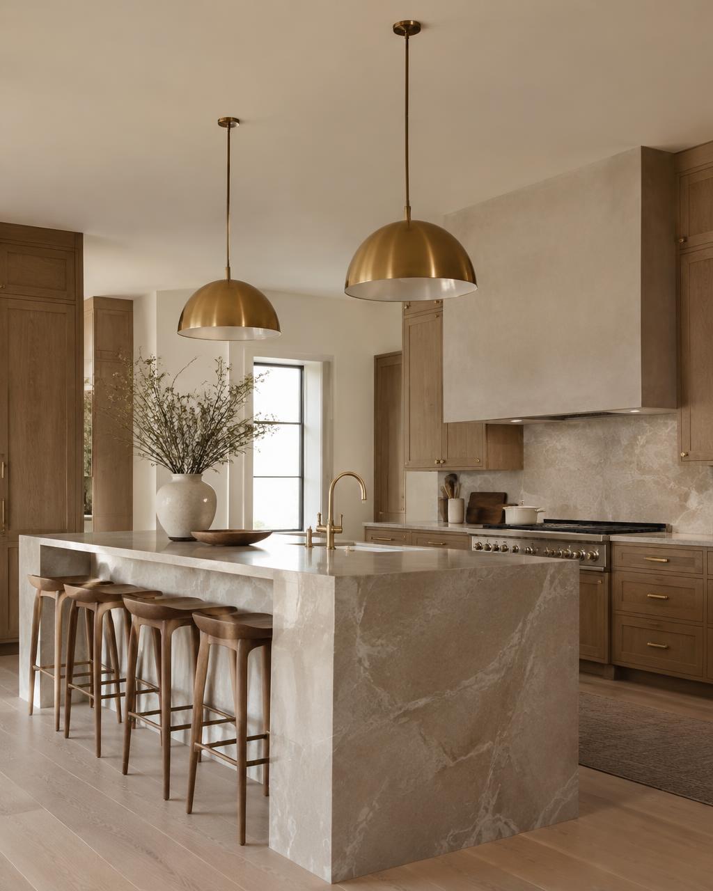Oak and stone kitchen with brass pendants
