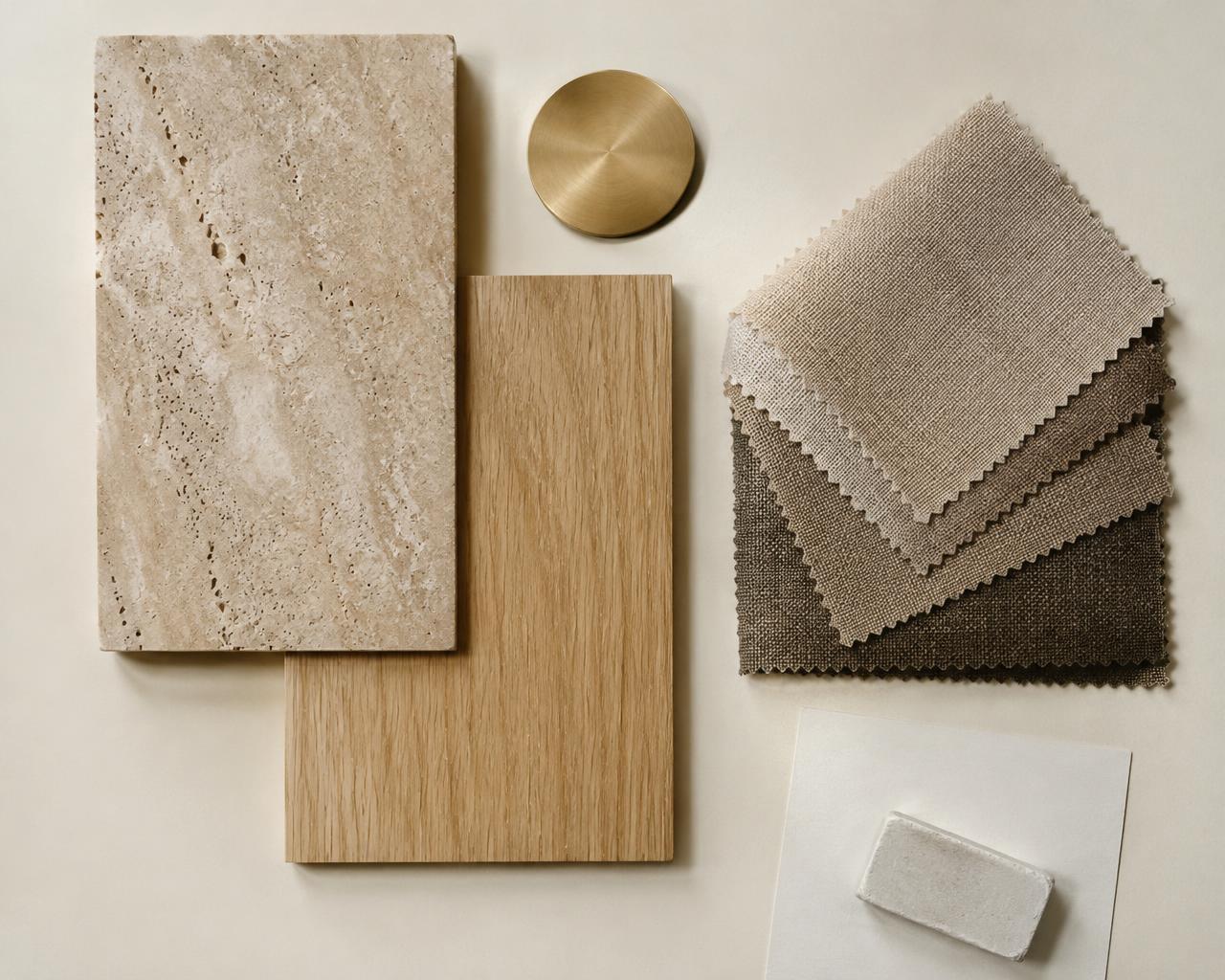 Material samples of travertine, oak, linen and brass